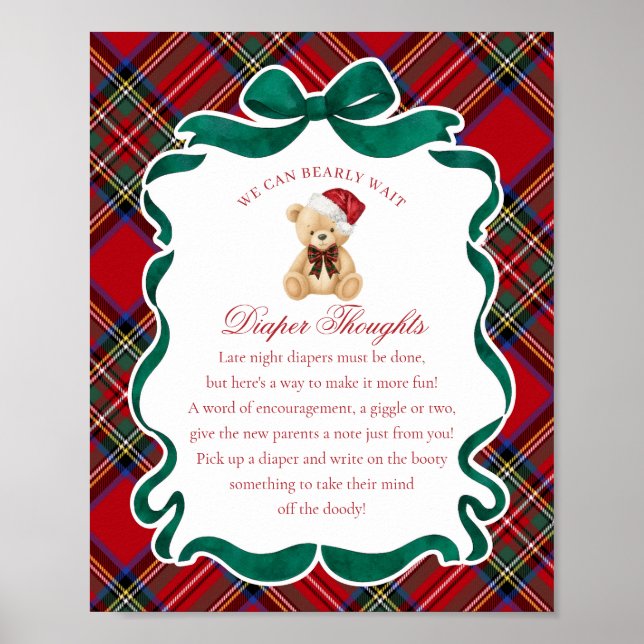 Póster Oso de Navidad con Cuadro Escocés Rojo Diaper Thou (Frente)