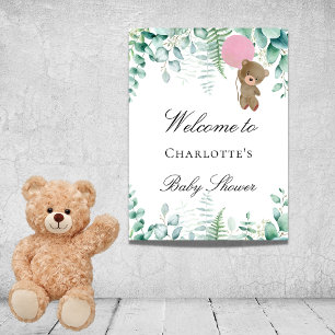 Póster Oso de niña para baby shower rosa eucalipto bosque