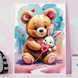 Póster Oso de peluche adorable abrazando a un conejo con 