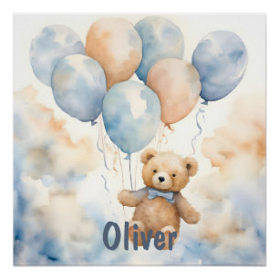 Póster Oso de peluche adorable con globos acuarela