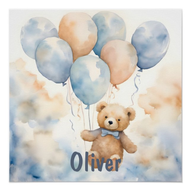 Póster Oso de peluche adorable con globos acuarela (Anverso)