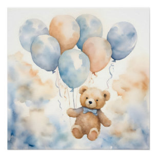 Póster Oso de peluche adorable con globos acuarela