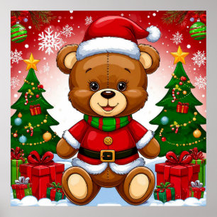 Póster Oso de peluche adorable con traje de Santa