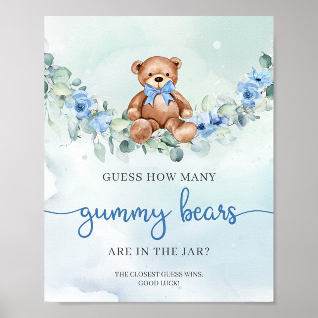 Póster Oso de peluche azul floral adivina cuántos oso de  (Frente)