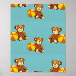 Póster Oso de peluche con bola en azul