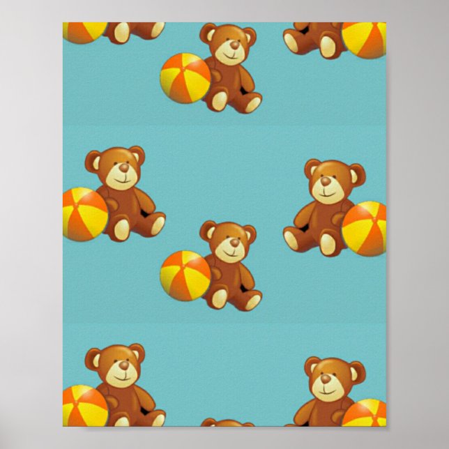 Póster Oso de peluche con bola en azul (Frente)