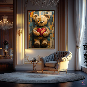 Póster Oso de peluche con corazón en estilo vidrio emplom