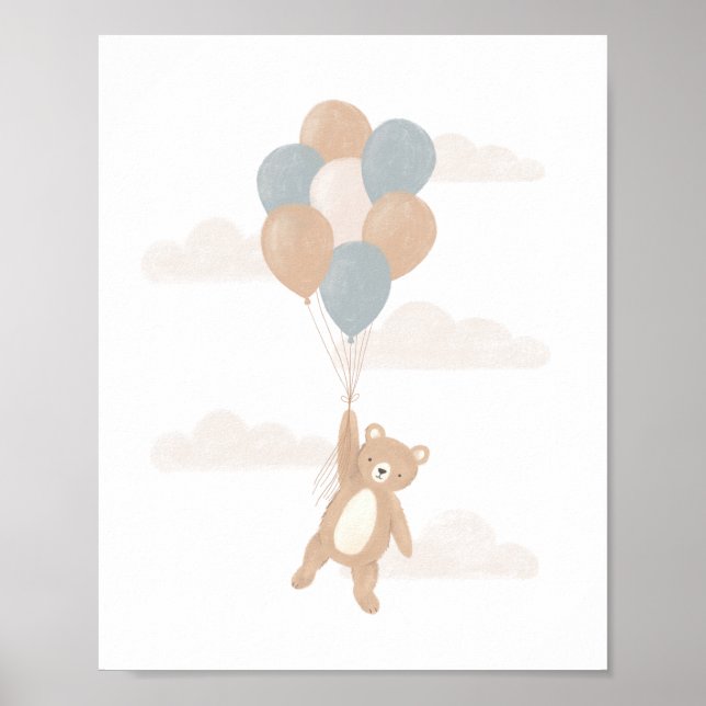 Póster Oso de peluche con globos azules (Frente)