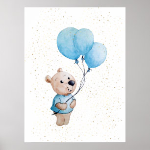 Póster Oso de peluche con globos Nursera acuarela