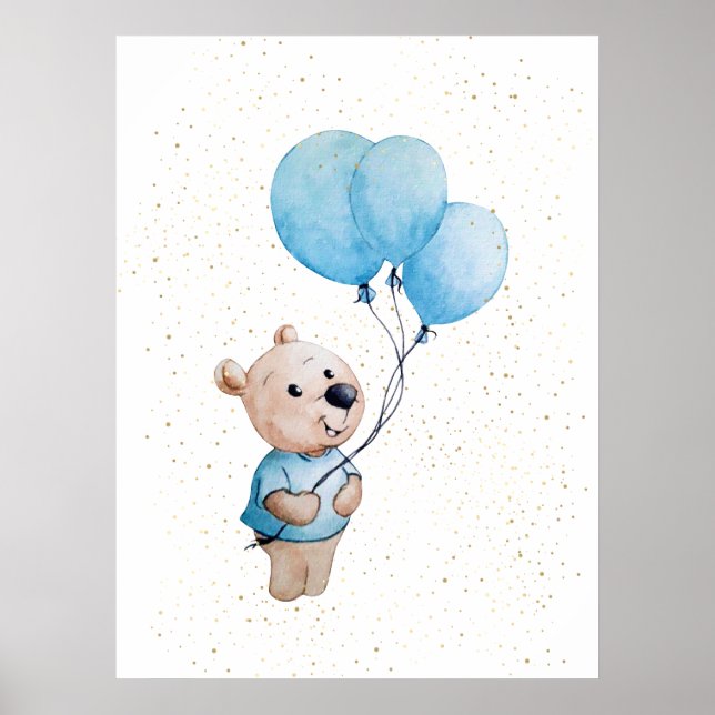 Póster Oso de peluche con globos Nursera acuarela (Frente)