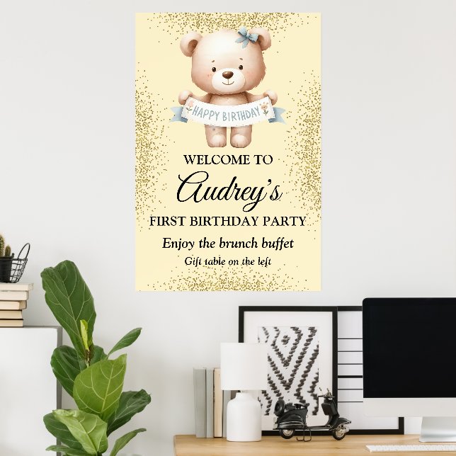 Póster Oso de peluche con pancarta de cumpleaños (Oficina en casa)