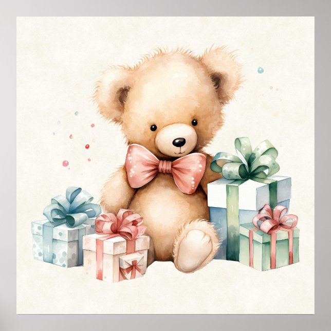 Póster Oso de peluche con regalo de Navidad (Frente)