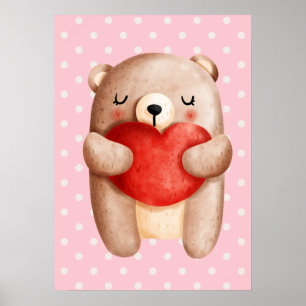 Póster Oso de peluche con un corazón rojo