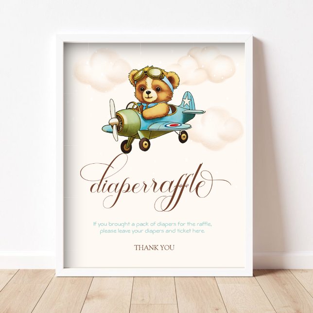 Póster Oso de peluche de avión caprichoso Rifa de pañales (Whimsical Airplane Teddy bear Diaper Raffle Poster)