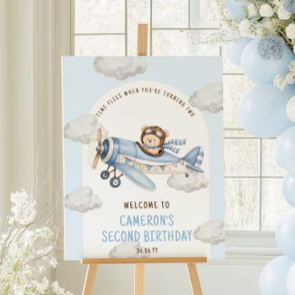 Póster Oso de peluche de avión de bienvenida de cumpleaño