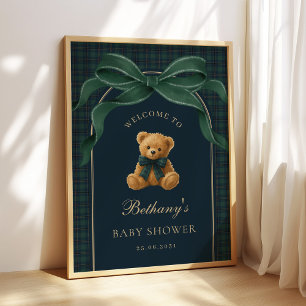 Póster Oso de peluche de cuadros verdes clásico Bienvenid