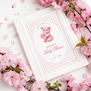 Póster Oso de peluche de gingham rosa Cumpleaños de bebé 