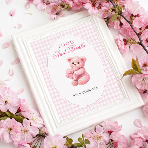 Póster Oso de peluche de gingham rosa Cumpleaños de bebé 