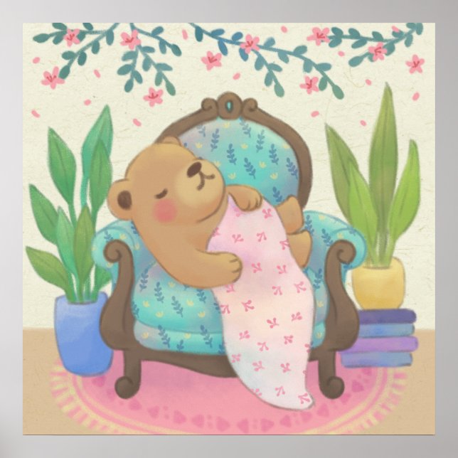 Póster Oso de peluche en ilustración de sillón antiguo (Frente)