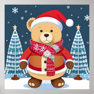Póster Oso de peluche festivo con sombrero de Santa
