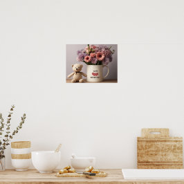 Póster Oso de peluche, flores y Poster de tazas de café