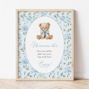 Póster Oso de peluche, Lazo Azul, Flores Azules, Barra Mo