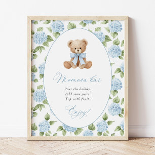 Póster Oso de peluche, lazo azul, flores azules, barra Mo