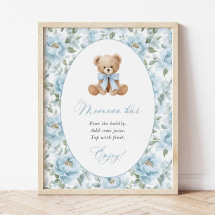 Póster Oso de peluche, Lazo azul, Flores azules, Barra Mo