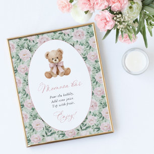 Póster Oso de peluche, lazo rosa, flores rosas, barra de