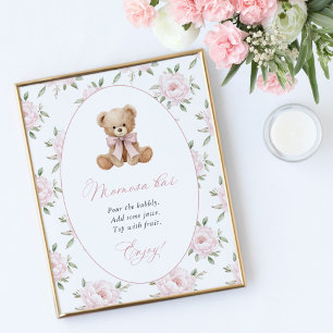 Póster Oso de peluche, lazo rosa, flores rosas, barra Mom