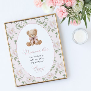 Póster Oso de peluche, lazo rosa, flores rosas, barra Mom
