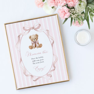 Póster Oso de peluche, lazo rosa, rayas rosas, barra de M