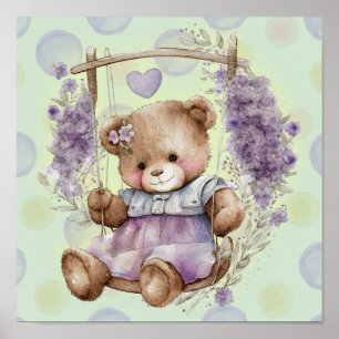 Póster Oso de peluche marrón columpiándose vestido de lav
