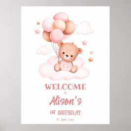 Póster Oso de peluche rosa con globos sobre nubes persona