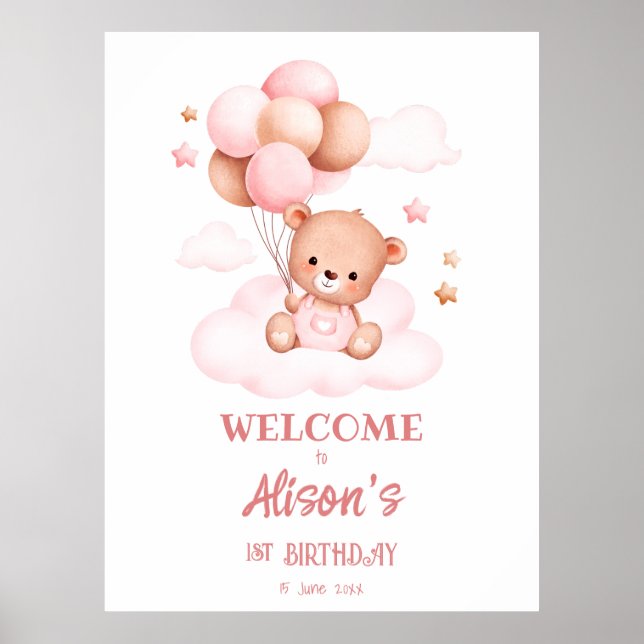 Póster Oso de peluche rosa con globos sobre nubes persona (Frente)
