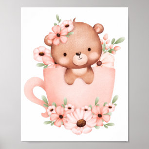 Póster Oso de peluche rosa en una taza con flores