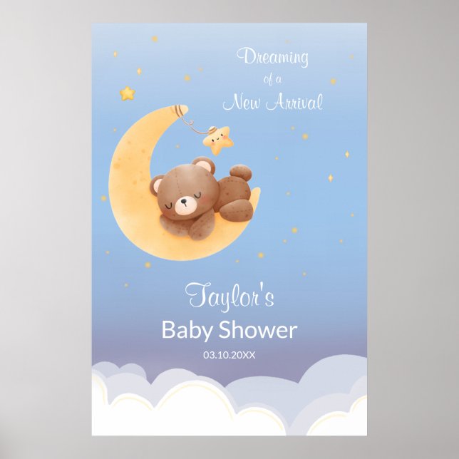 Póster Oso de peluche soñador Luna Azul Suave Baby Shower (Frente)