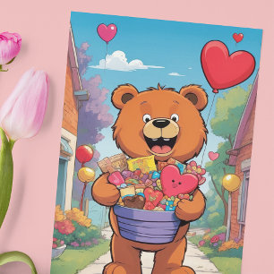 Póster Oso de peluche sonriente con cesta de regalos del