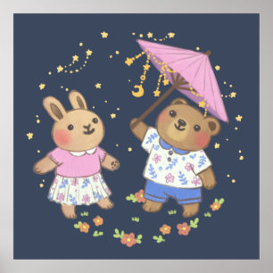 Póster Oso de peluche y conejo bajo el Ilustracion Stars