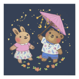 Póster Oso de peluche y conejo bajo el Ilustracion Stars