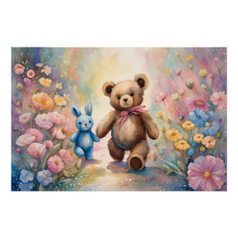 Póster Oso de peluche y conejo en un jardín pastel