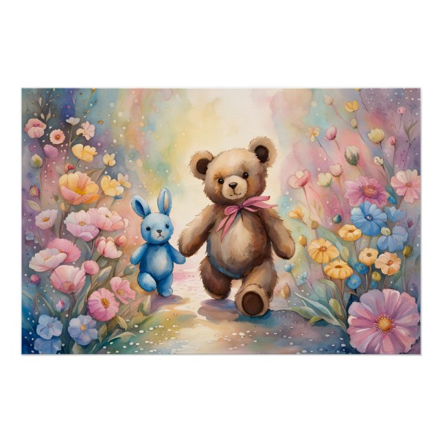 Póster Oso de peluche y conejo en un jardín pastel (Anverso)