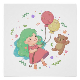 Póster Oso de peluche y Ilustracion Chica