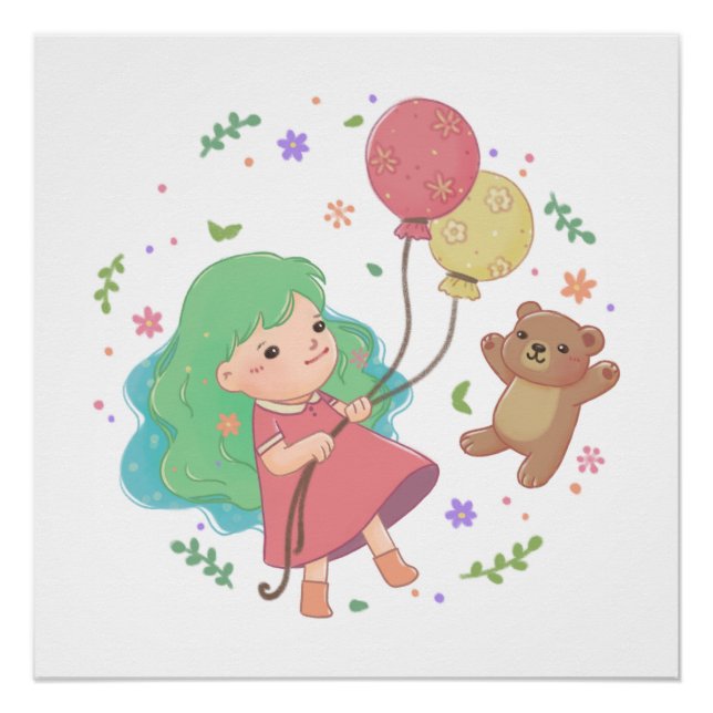 Póster Oso de peluche y Ilustracion Chica (Anverso)