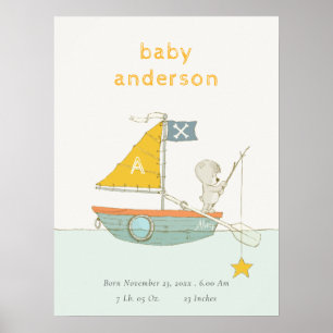 Póster Oso de pesca lindo estrella barco de vela niños mo
