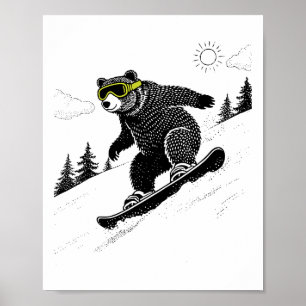 Póster Oso de snowboard, deportes de invierno divertidos,
