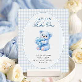 Póster Oso de Teddy de Gingham Azul Cumpleaños Neutral