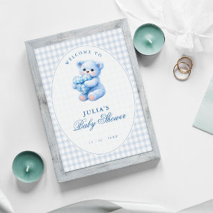 Póster Oso de Teddy de Gingham Azul Fiesta de Bebé Neutra