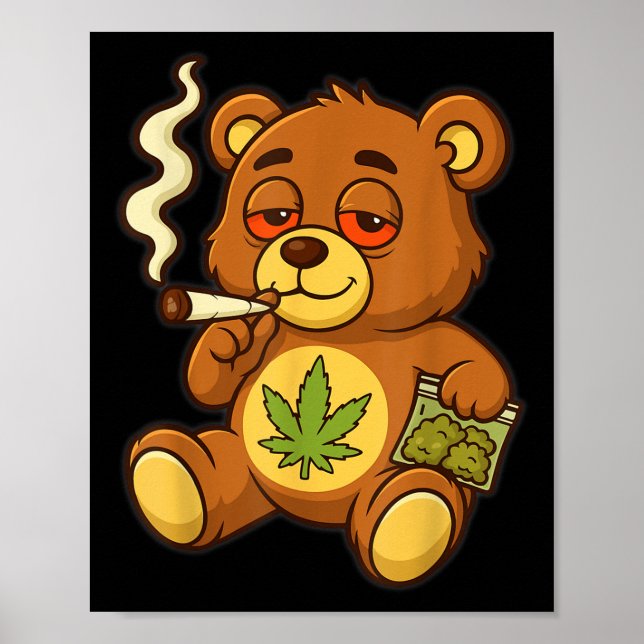 Póster Oso De Teddy Oso Funny Oso Fumador De Alga Con Hoj (Frente)