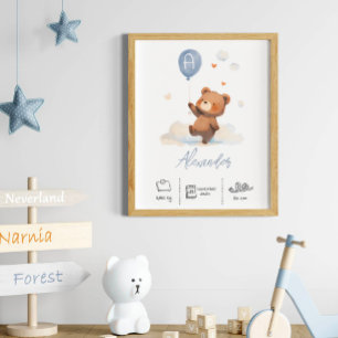 Póster Oso de Teddy personalizado con guardería de globos